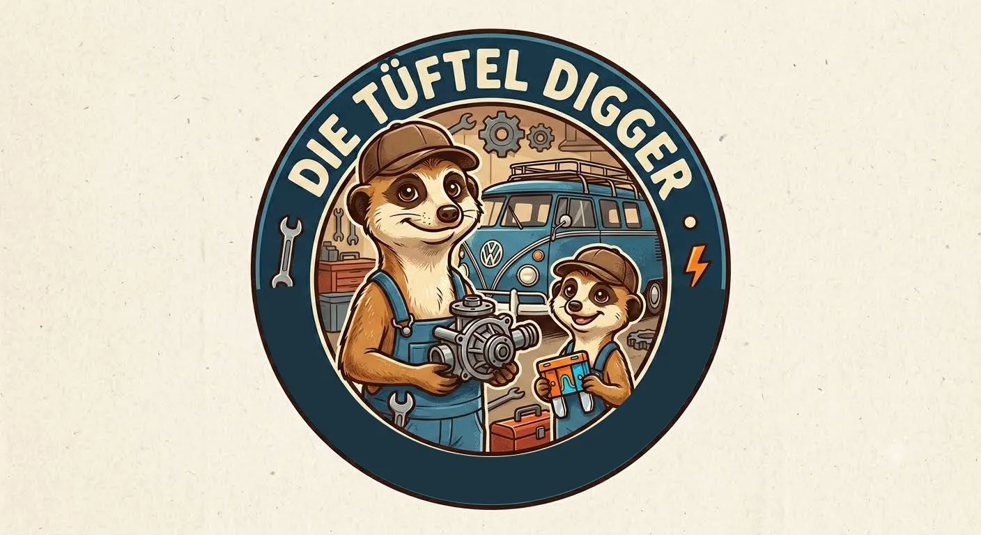 Logo der Tüftel Digger: zwei tüftelnde Erdmännchen vor einem VW-Bus